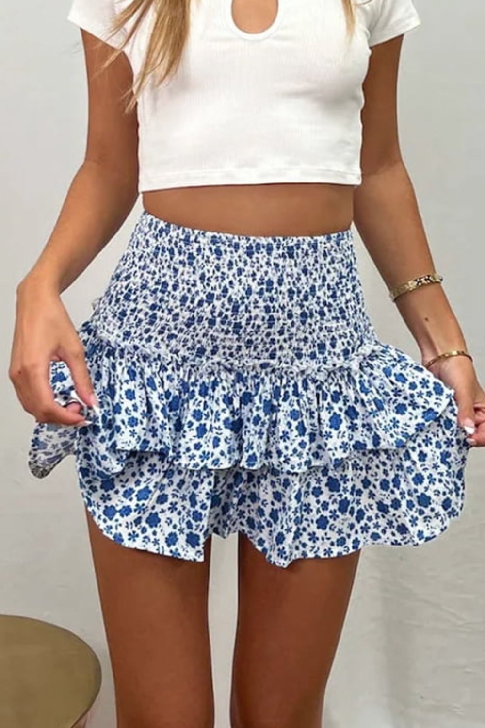 Printed Frill Trim Smocked Mini Skirt - Fashion Girl Online Store