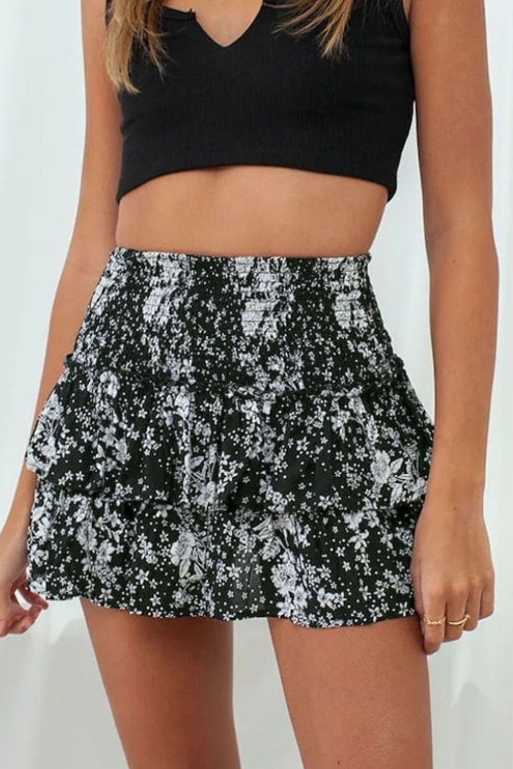Printed Frill Trim Smocked Mini Skirt - Fashion Girl Online Store