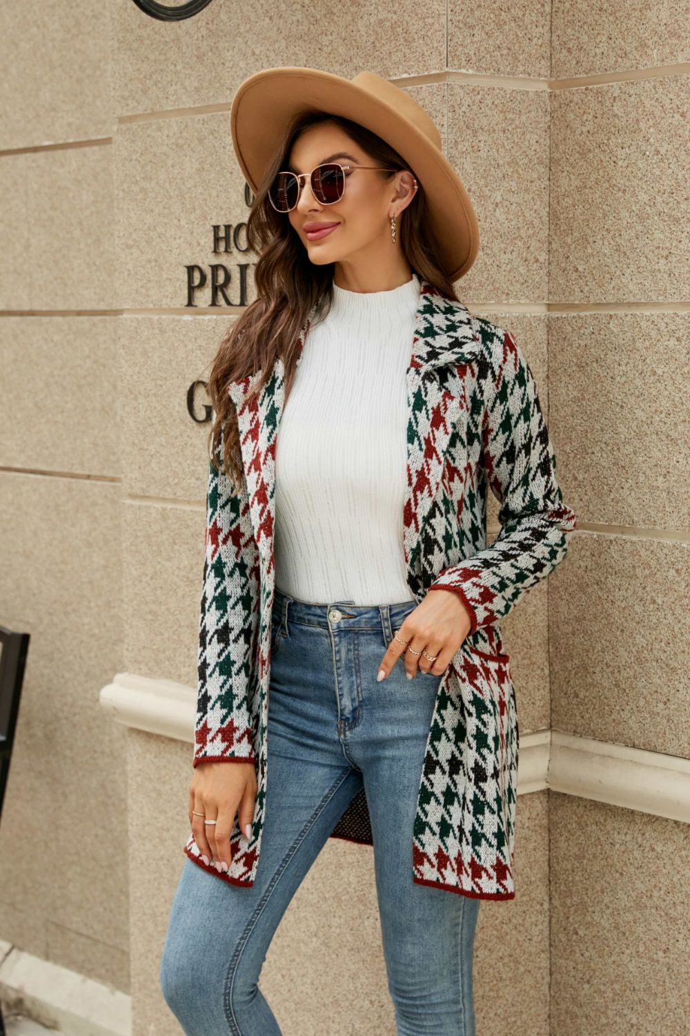 Printed Open Front Lapel Collar Cardigan with Pockets - Fashion Girl Online Store