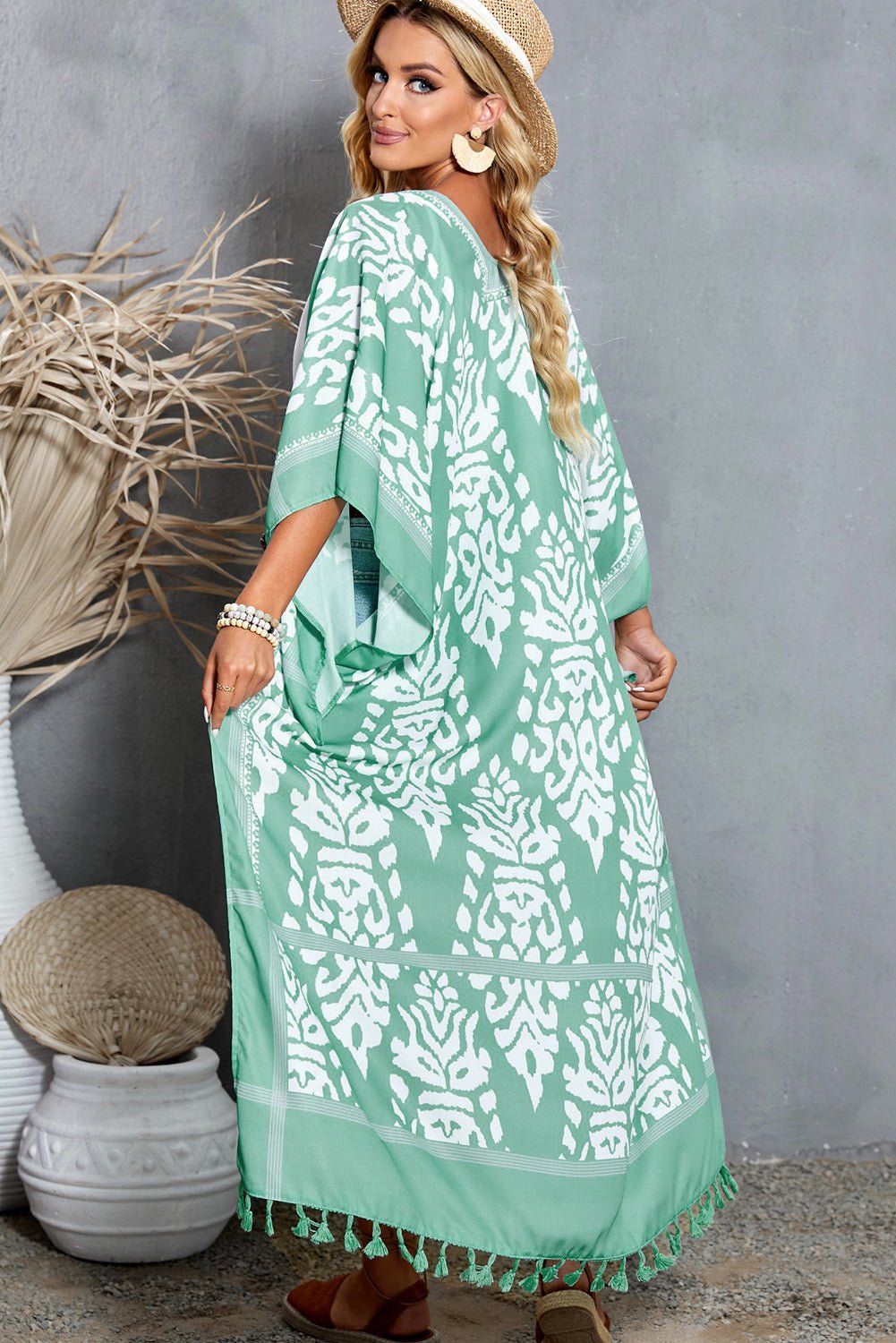 Printed Tassel Open Front Duster Kimono - Fashion Girl Online Store