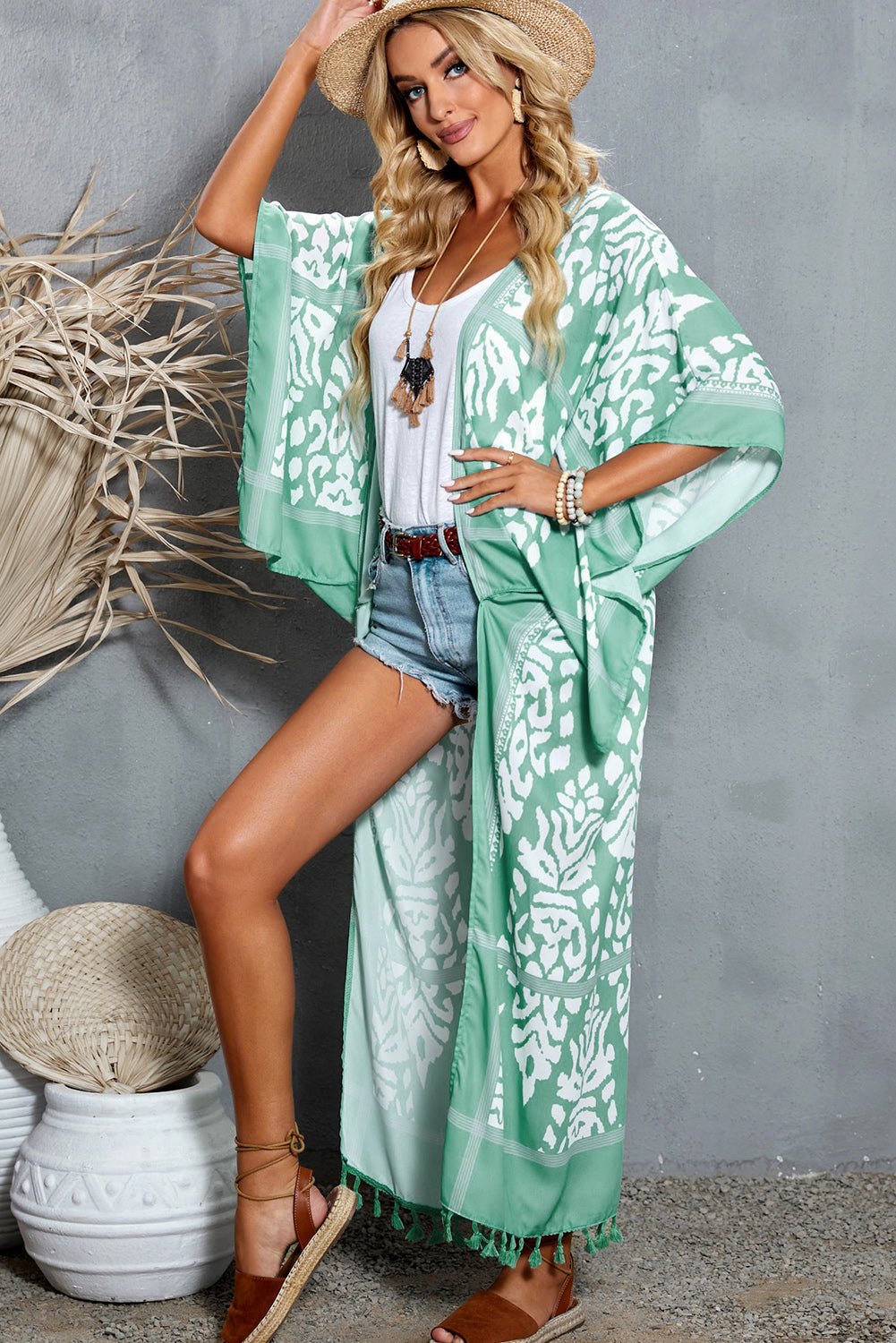 Printed Tassel Open Front Duster Kimono - Fashion Girl Online Store