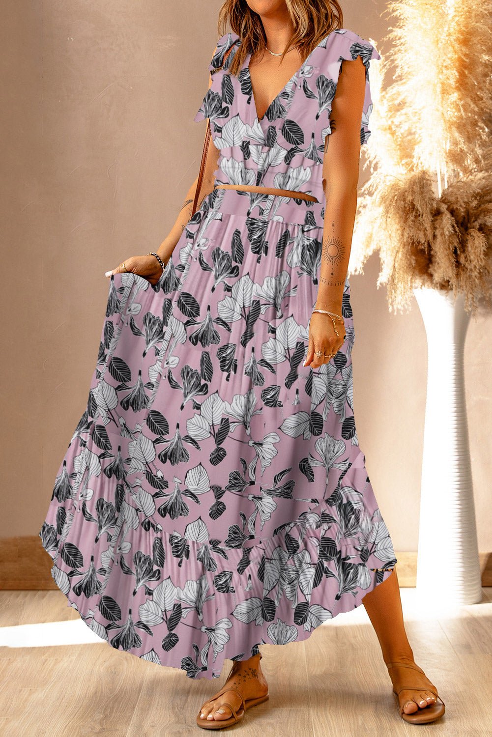Printed Tie Back Cropped Top and Maxi Skirt Set - Fashion Girl Online Store