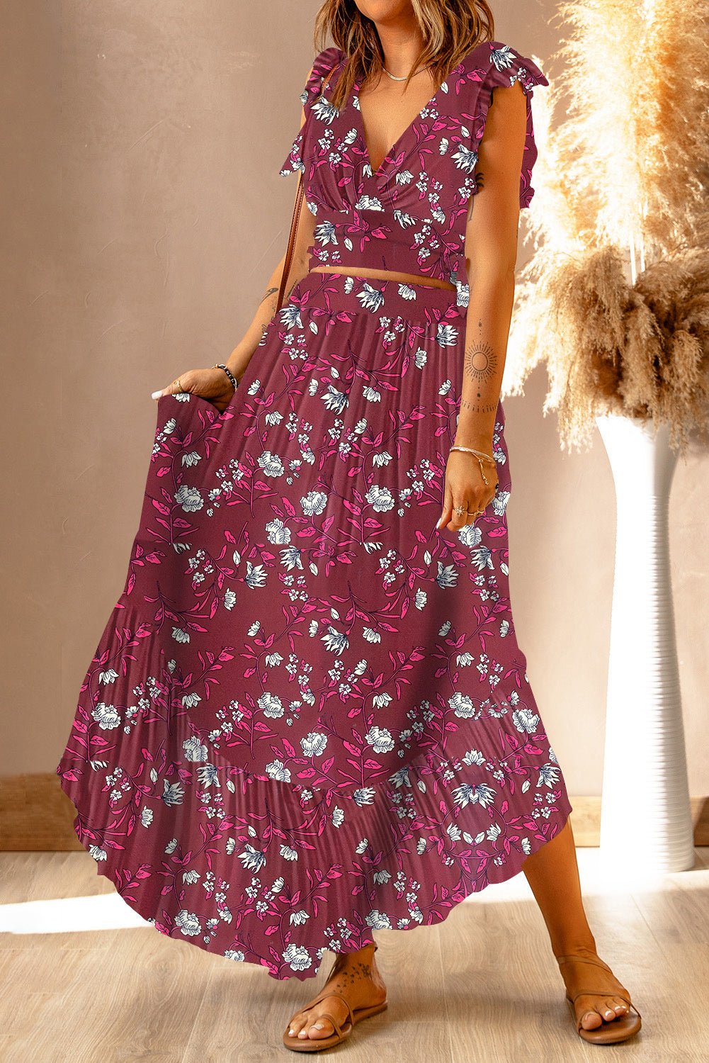 Printed Tie Back Cropped Top and Maxi Skirt Set - Fashion Girl Online Store