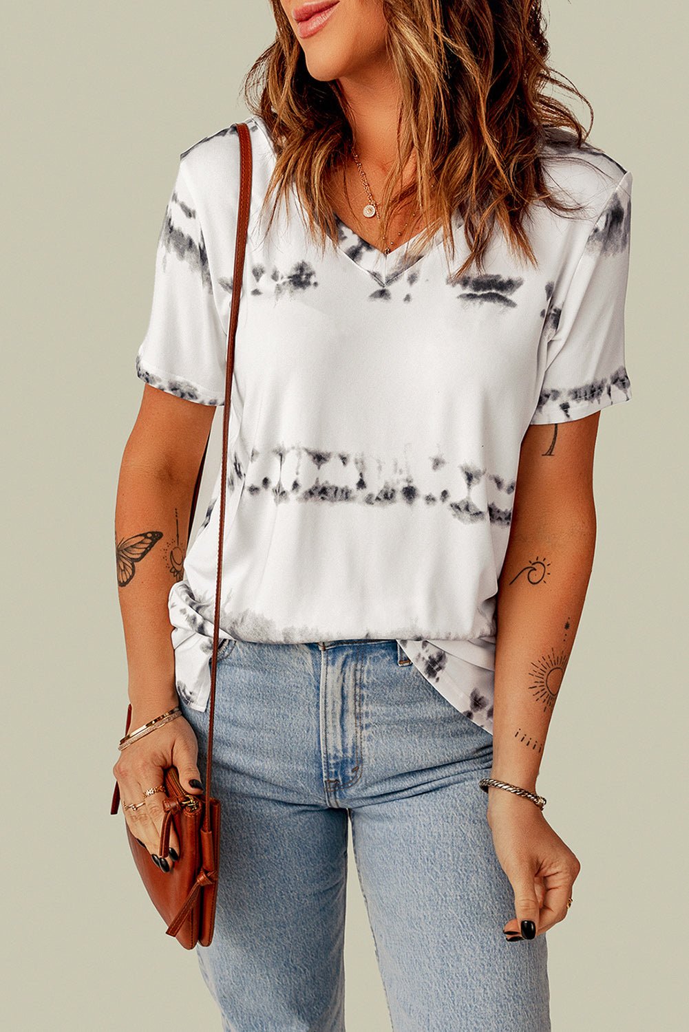 Printed V-Neck Short Sleeve Top - Fashion Girl Online Store