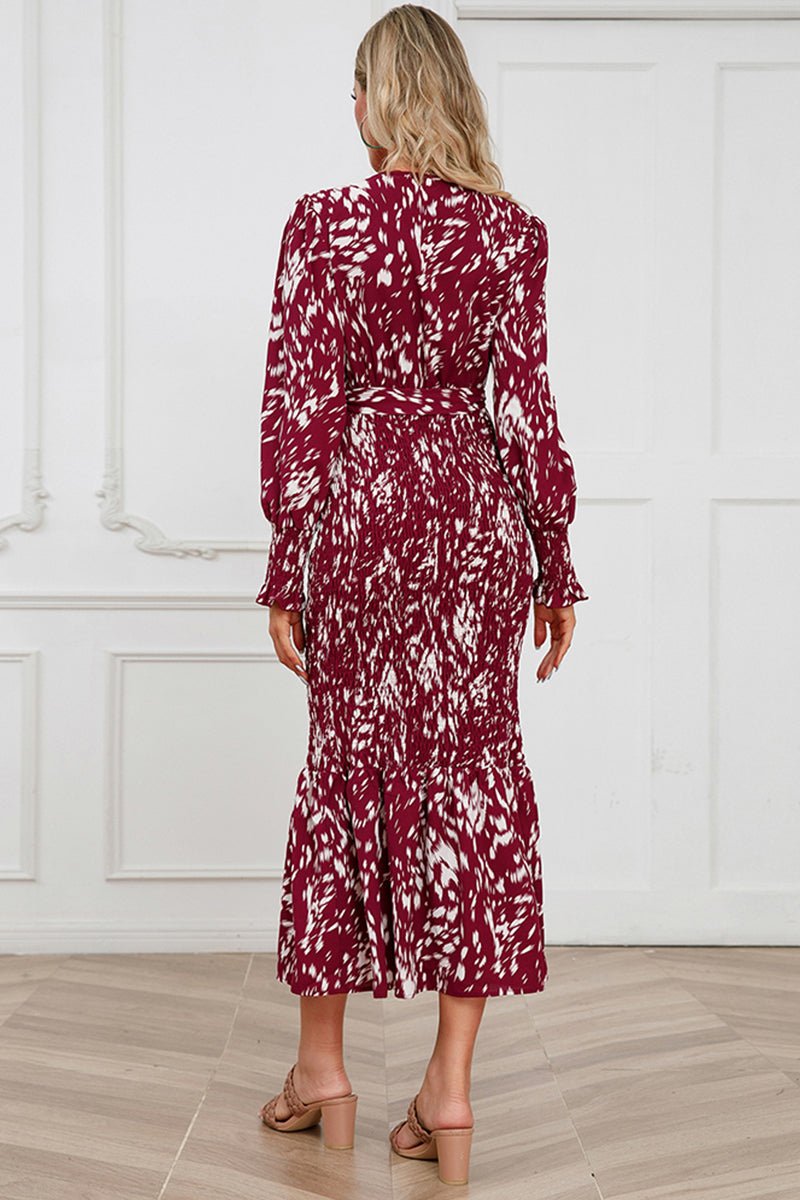 Printed V-Neck Smocked Midi Dress - Fashion Girl Online Store