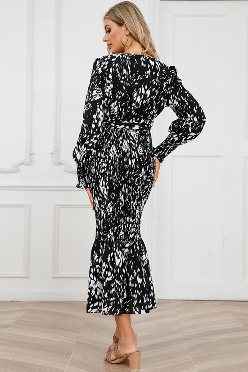 Printed V-Neck Smocked Midi Dress - Fashion Girl Online Store