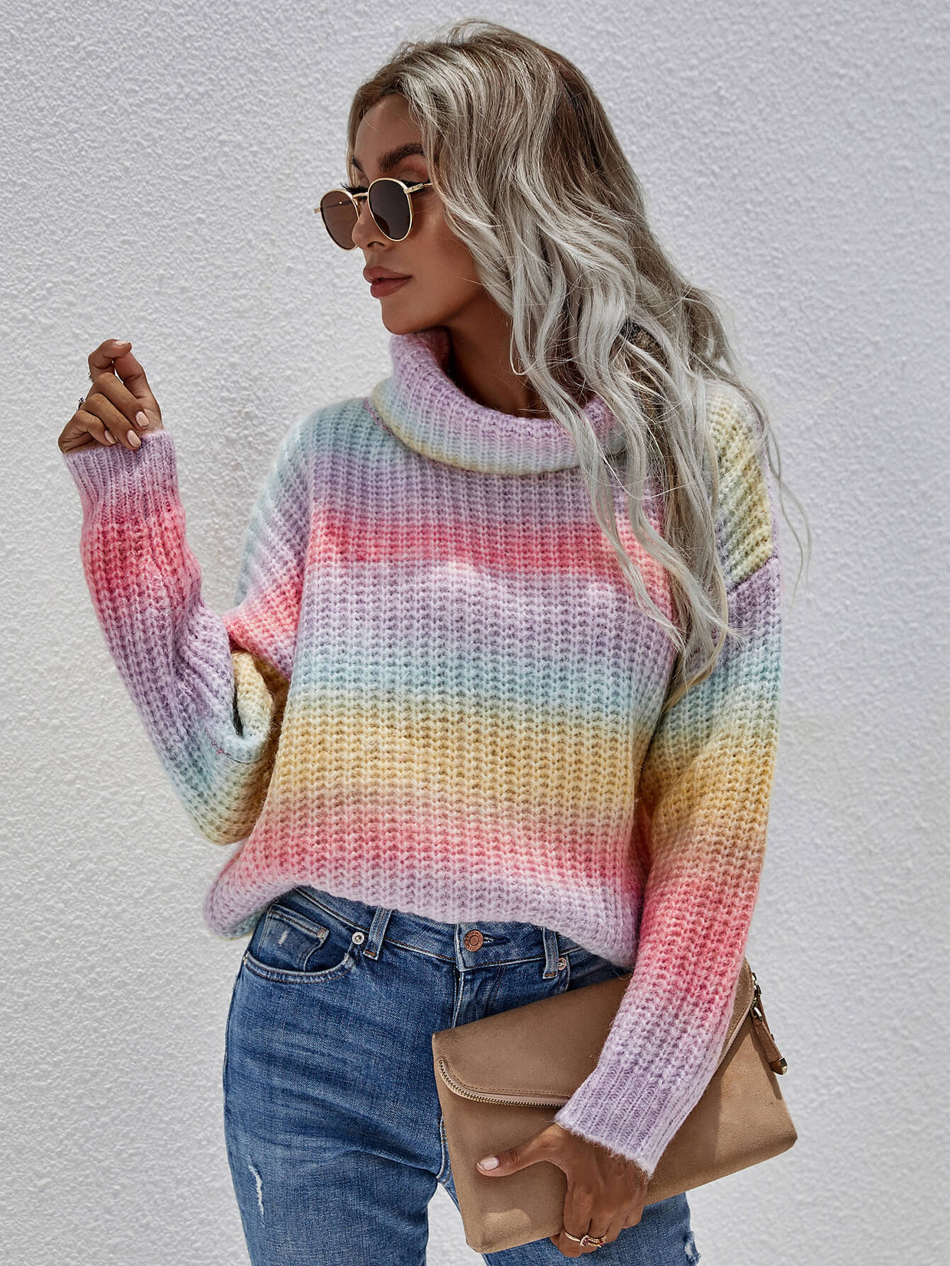 Rainbow Rib-Knit Turtleneck Drop Shoulder Sweater - Fashion Girl Online Store