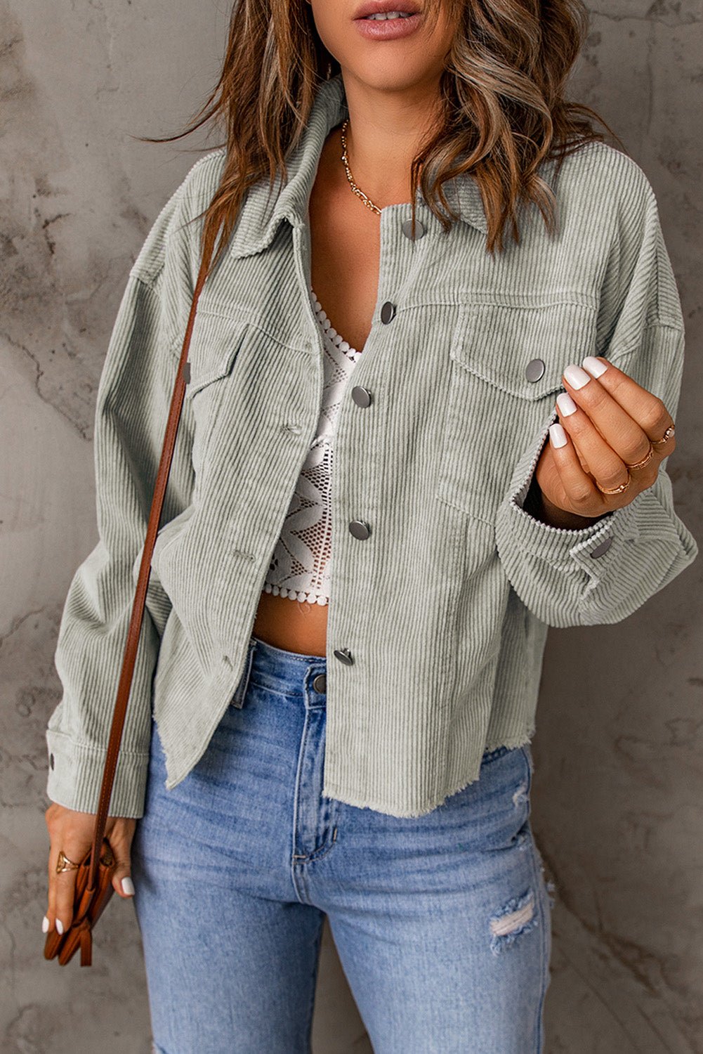 Raw Hem Button Down Corduroy Jacket with Pockets - Fashion Girl Online Store