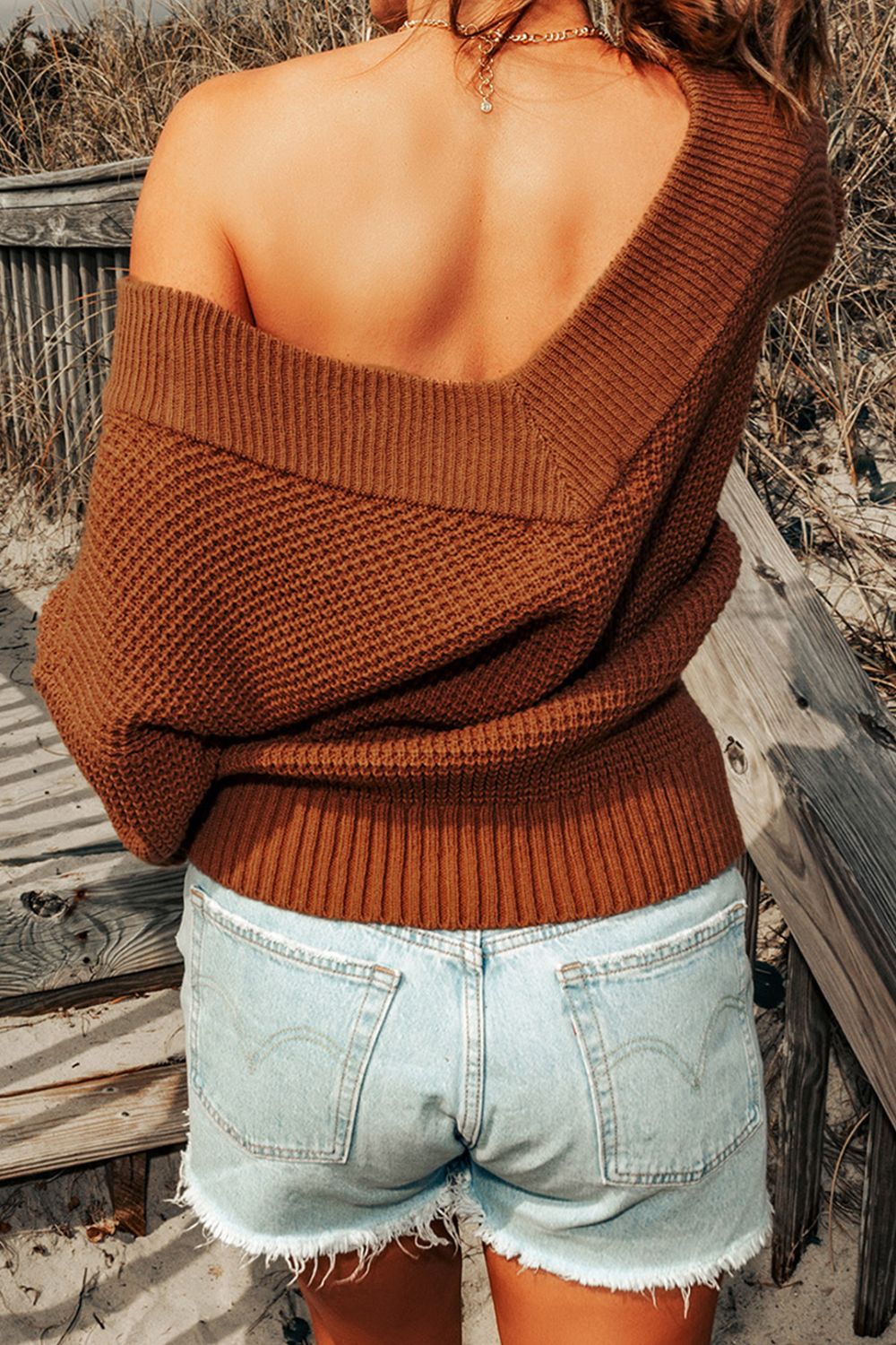 Rib-Knit Drop Shoulder V-Neck Sweater - Fashion Girl Online Store