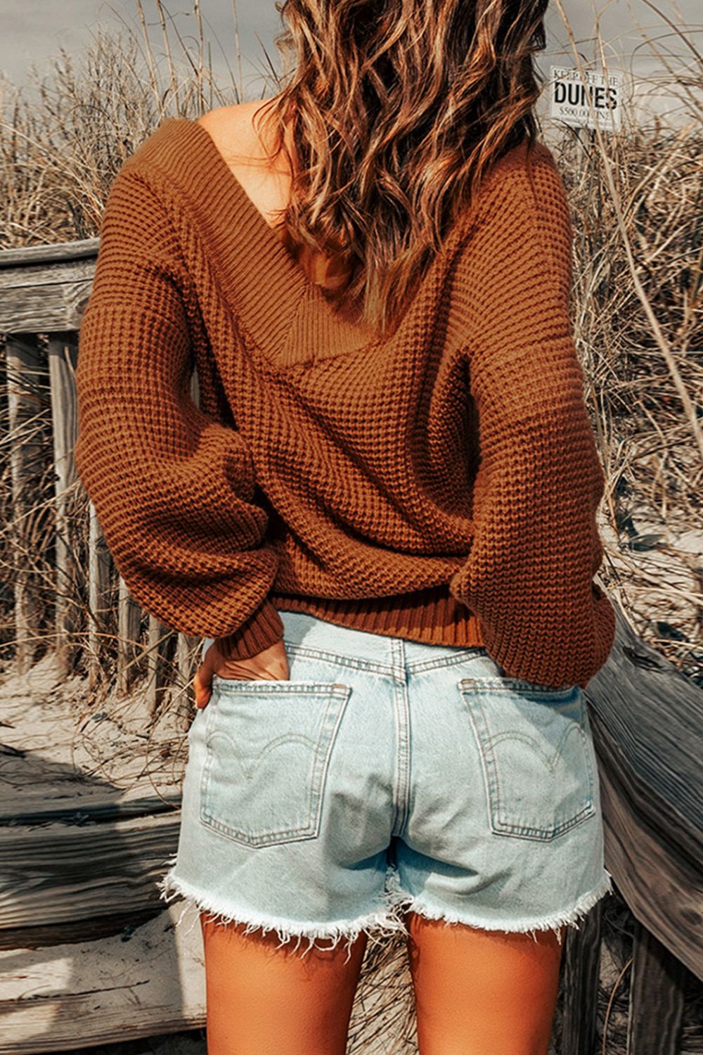 Rib-Knit Drop Shoulder V-Neck Sweater - Fashion Girl Online Store