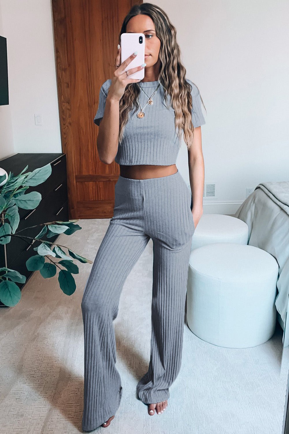 Ribbed Crop T-Shirt and Wide Leg Pants Lounge Set - Fashion Girl Online Store