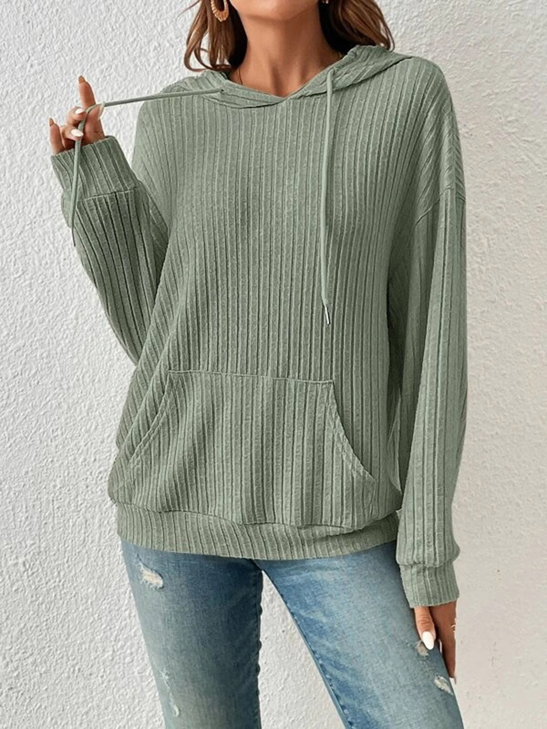 Ribbed Dropped Shoulder Drawstring Hoodie - Fashion Girl Online Store