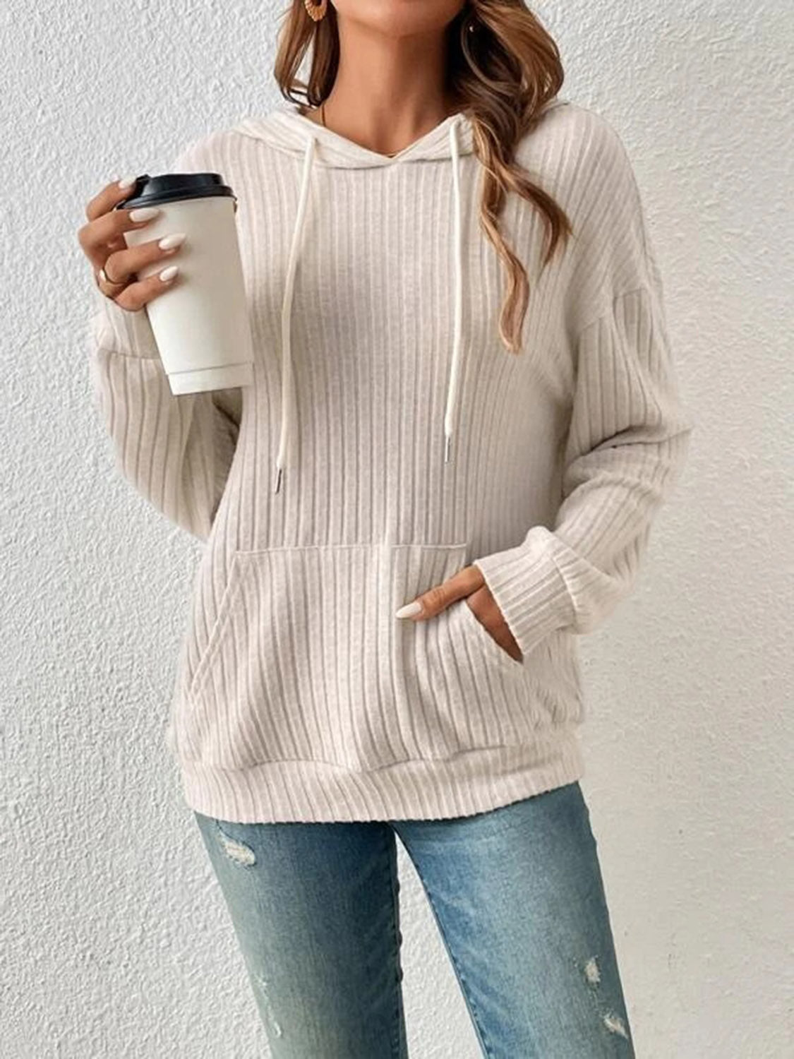 Ribbed Dropped Shoulder Drawstring Hoodie - Fashion Girl Online Store