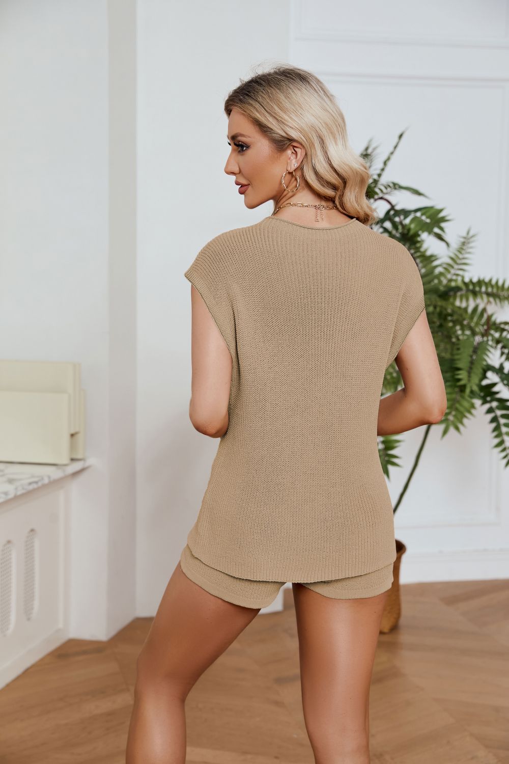 Ribbed Round Neck Pocket Knit Top and Shorts Set - Fashion Girl Online Store