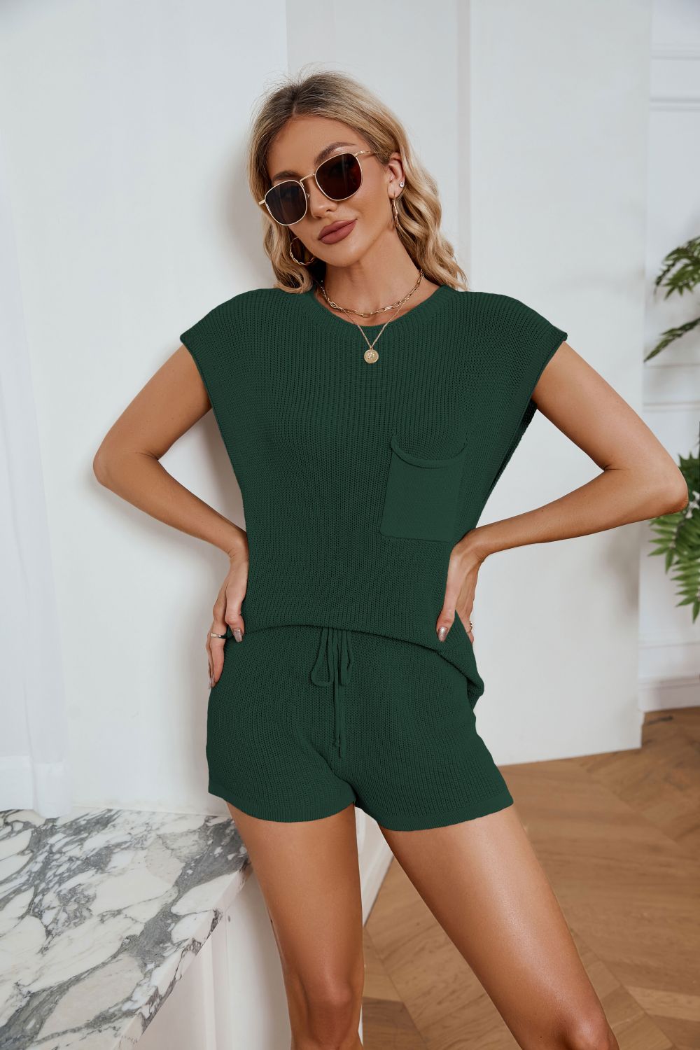 Ribbed Round Neck Pocket Knit Top and Shorts Set - Fashion Girl Online Store