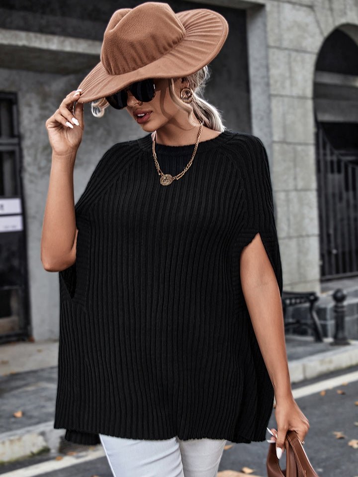 Ribbed Round Neck Slit Sleeve Knit Top - Fashion Girl Online Store