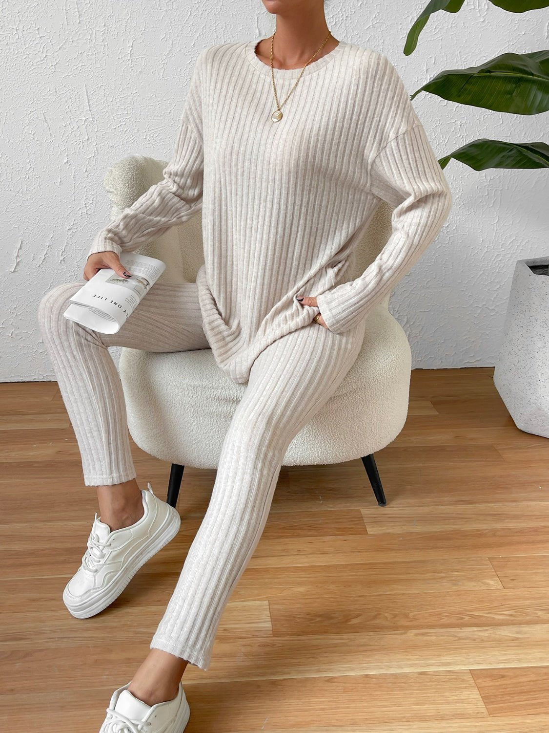 Ribbed Top and Pants Lounge Set - Fashion Girl Online Store
