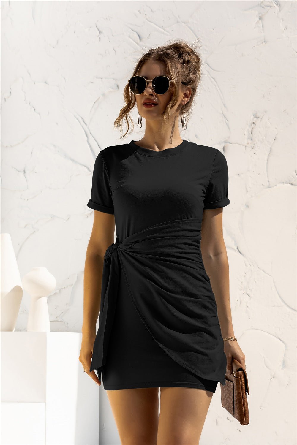 Round Neck Cuffed Sleeve Side Tie Dress - Fashion Girl Online Store