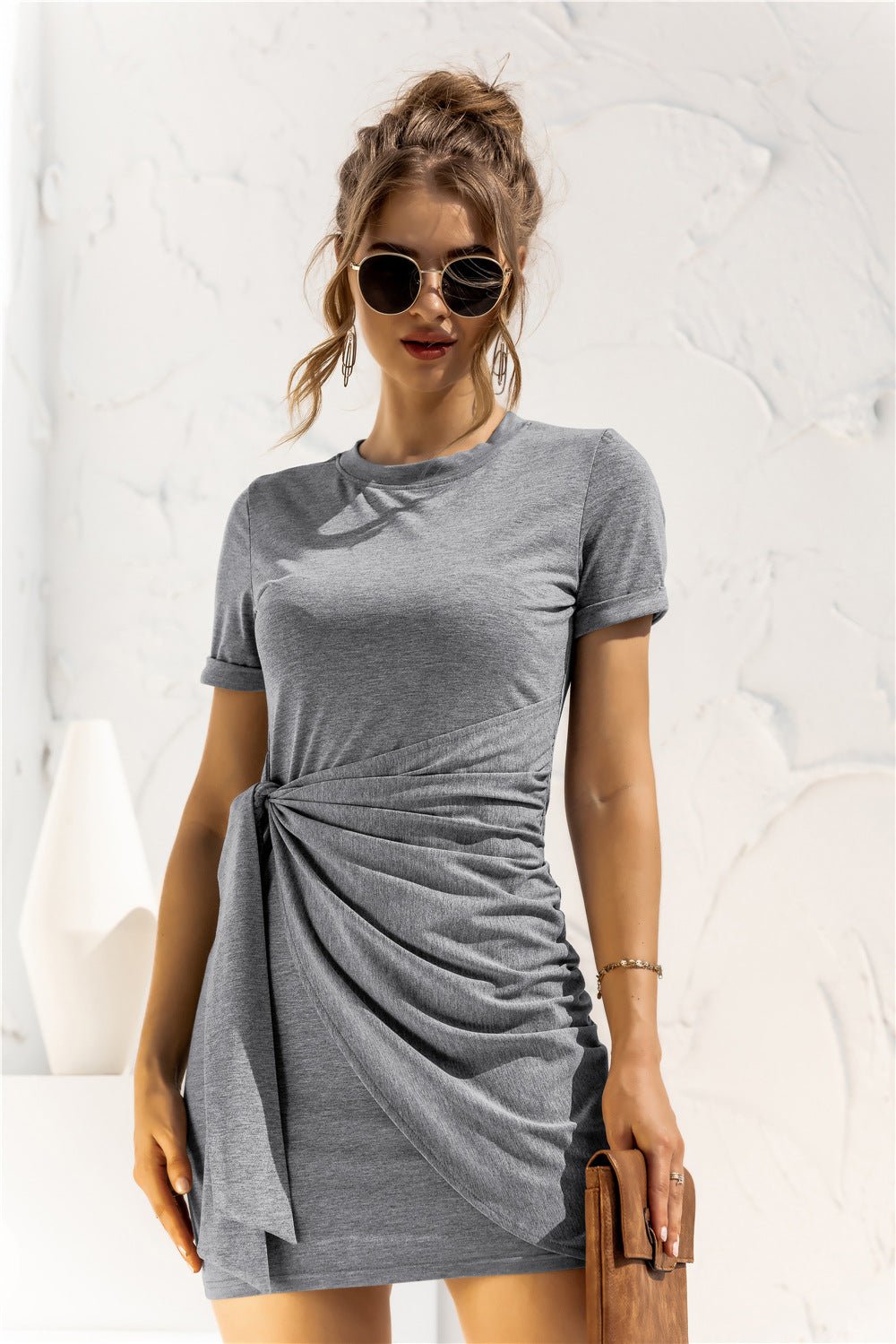 Round Neck Cuffed Sleeve Side Tie Dress - Fashion Girl Online Store