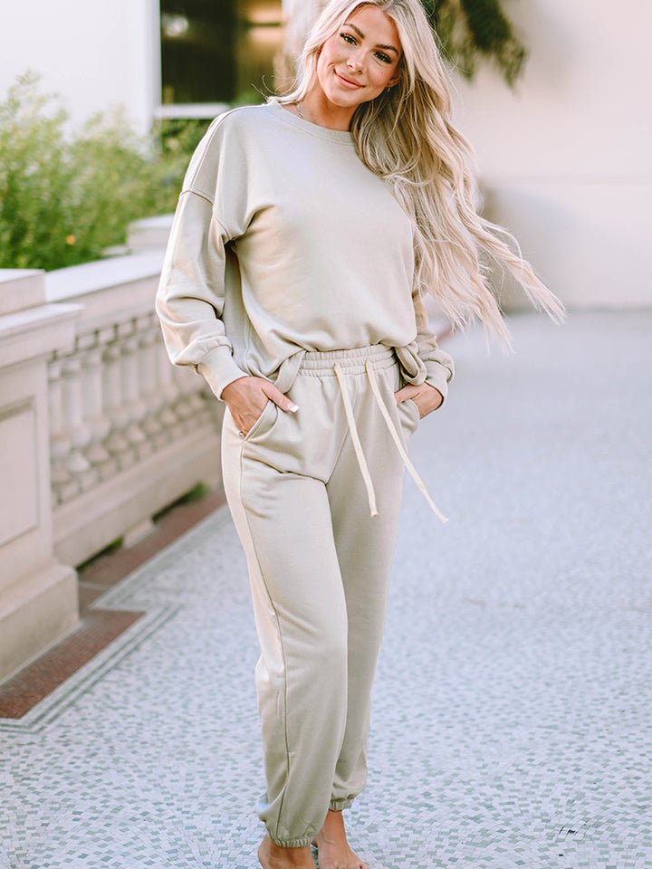 Round Neck Dropped Shoulder Top and Pants Lounge Set - Fashion Girl Online Store