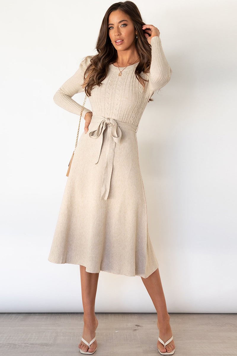 Round Neck Long Sleeve Tie Waist Sweater Dress - Fashion Girl Online Store
