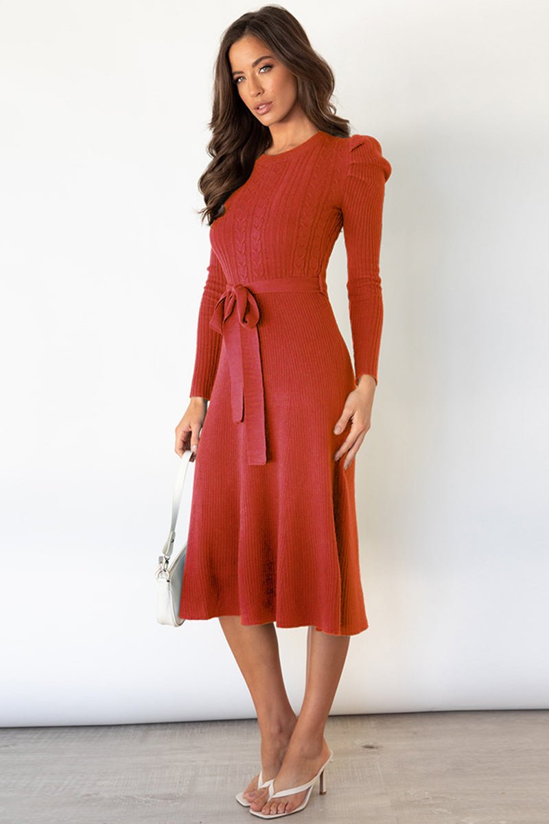 Round Neck Long Sleeve Tie Waist Sweater Dress - Fashion Girl Online Store