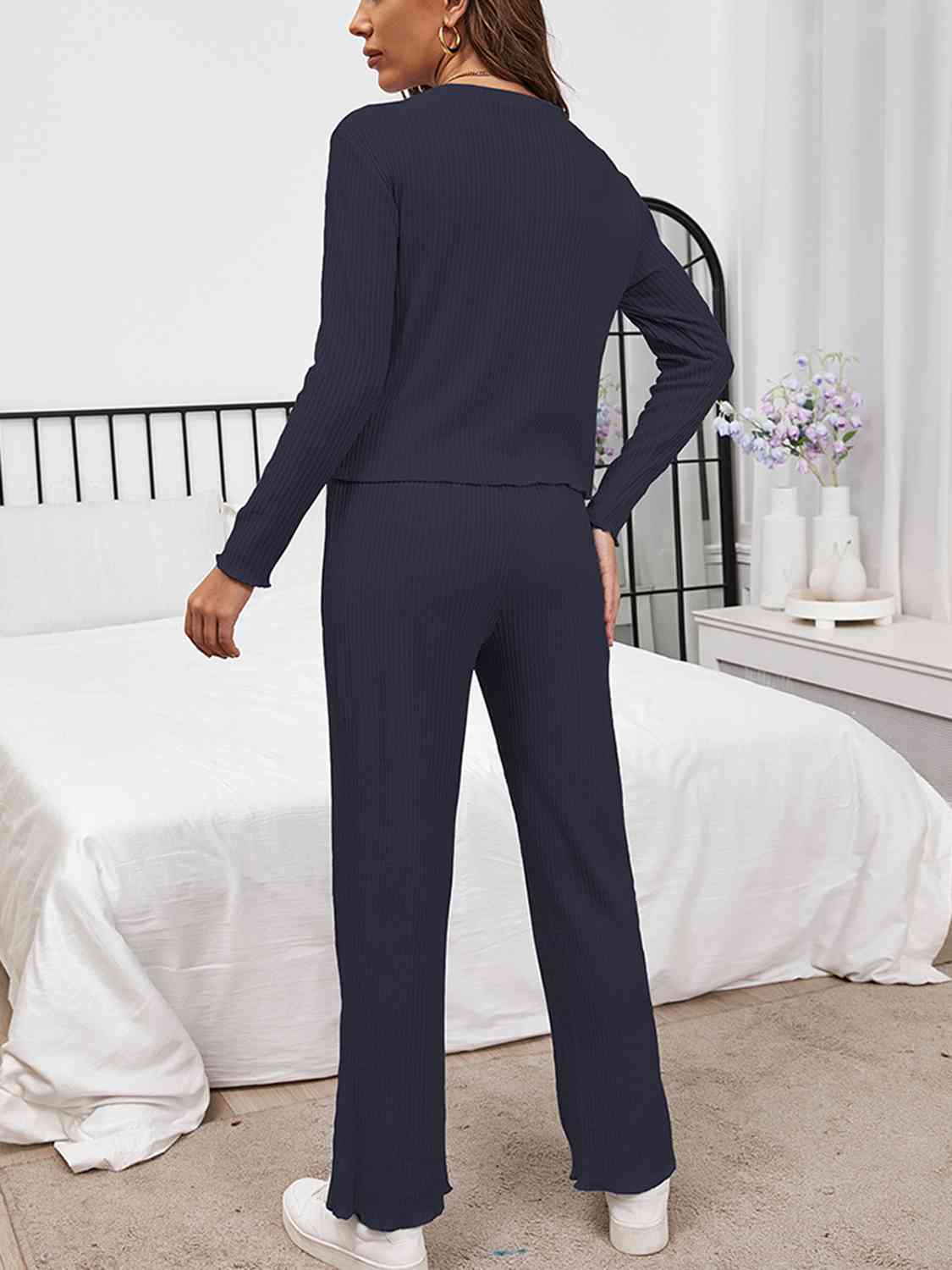 Round Neck Long Sleeve Top and Drawstring Pants Lounge Set - Fashion Girl Online Store
