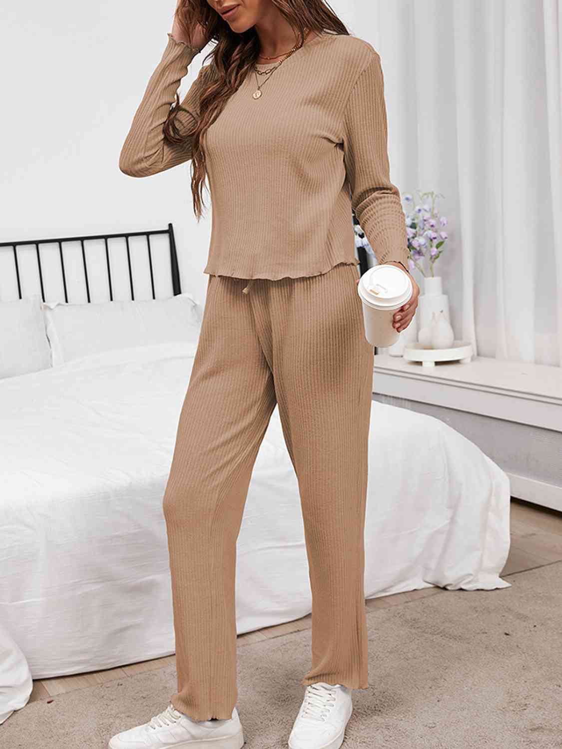 Round Neck Long Sleeve Top and Drawstring Pants Lounge Set - Fashion Girl Online Store