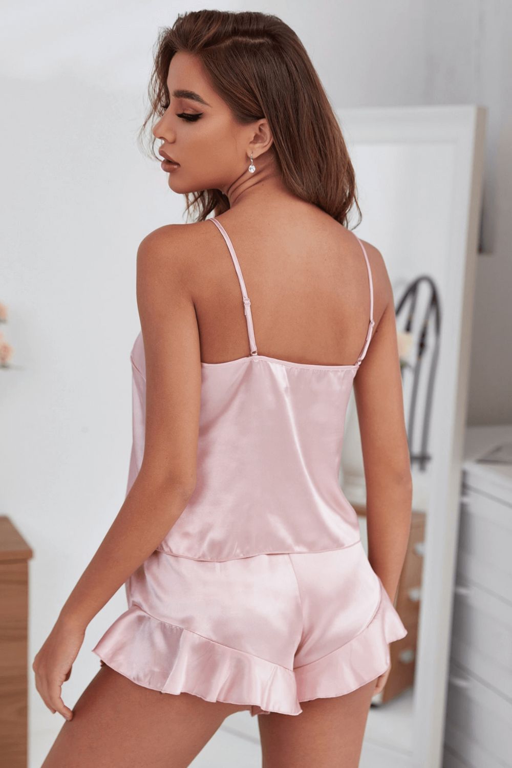 Satin Cami, Ruffle Hem Shorts Pajama Set - Fashion Girl Online Store