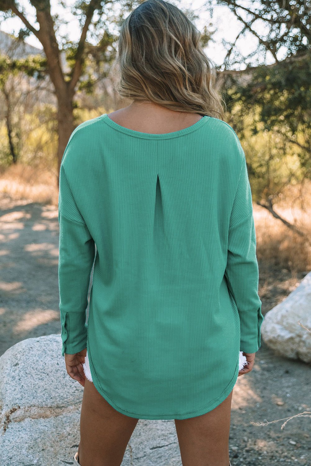 Seam Detail Curved Hem Long Sleeve Top - Fashion Girl Online Store
