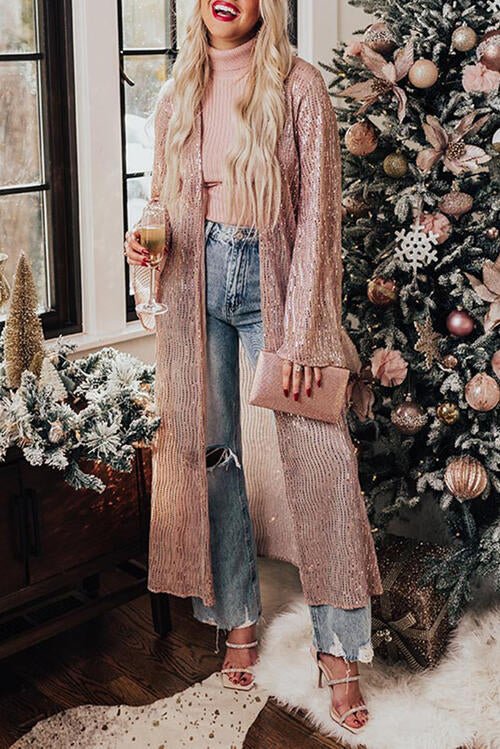 Sequin Open Front Long Sleeve Cardigan - Fashion Girl Online Store