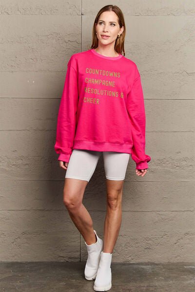 Simply Love Full Size COUNTDOWNS CHAMPAGNE RESOLUTIONS & CHEER Round Neck Sweatshirt - Fashion Girl Online Store