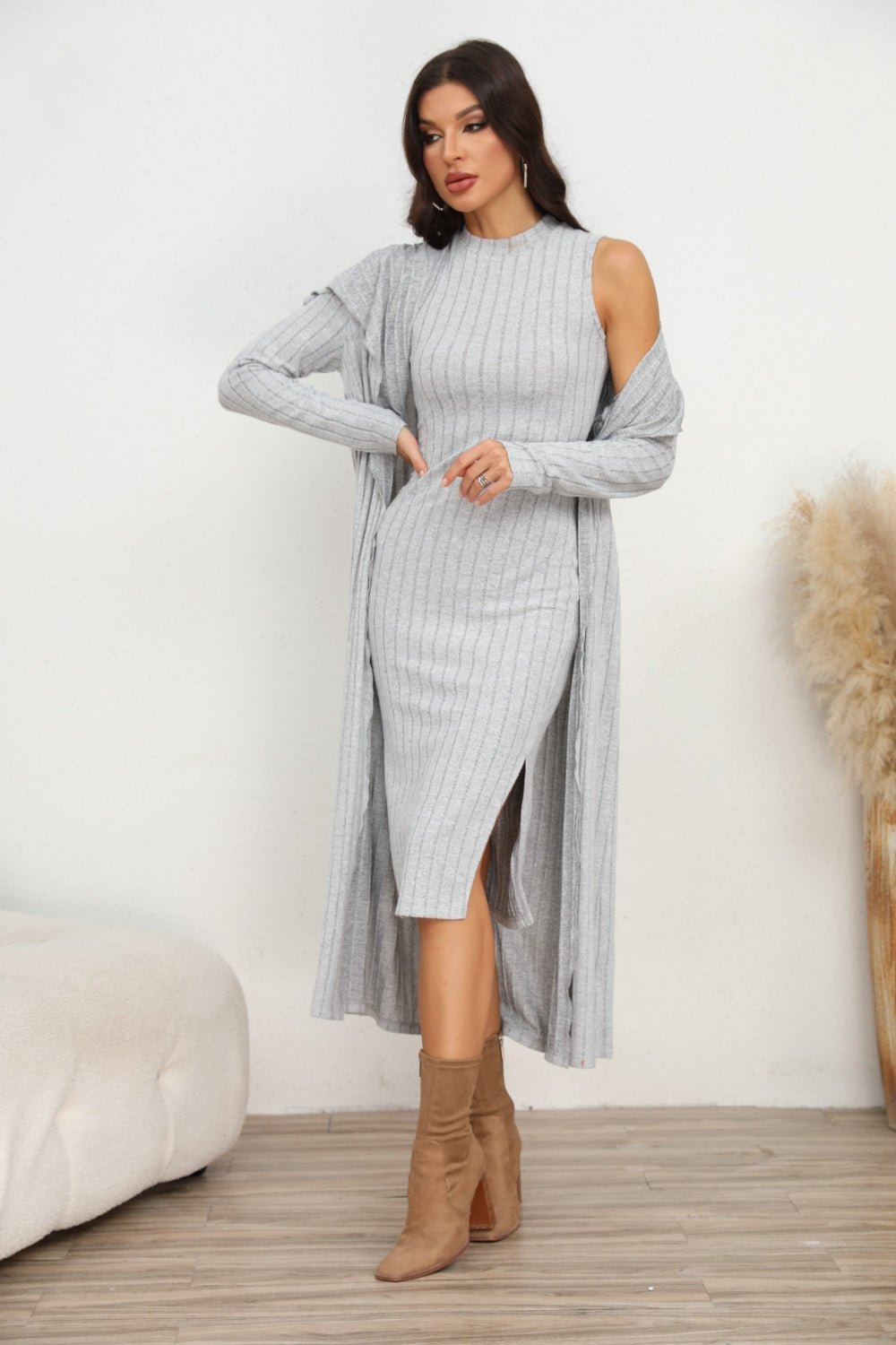 Slit Dress and Longline Cardigan Set - Fashion Girl Online Store