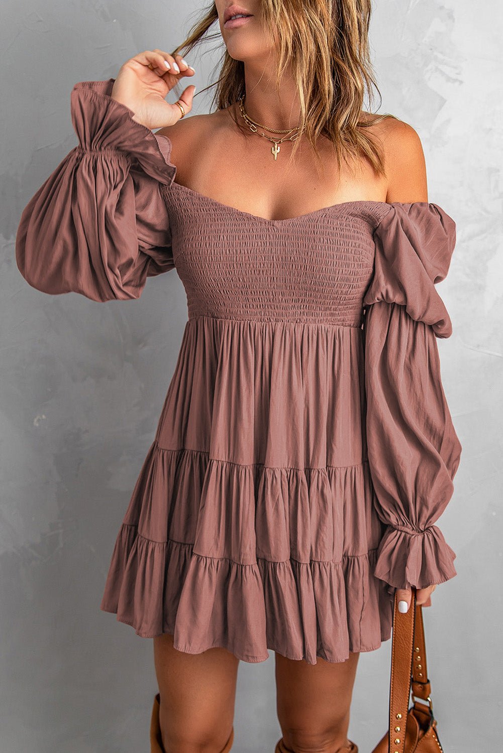 Smocked Off-Shoulder Tiered Mini Dress - Fashion Girl Online Store