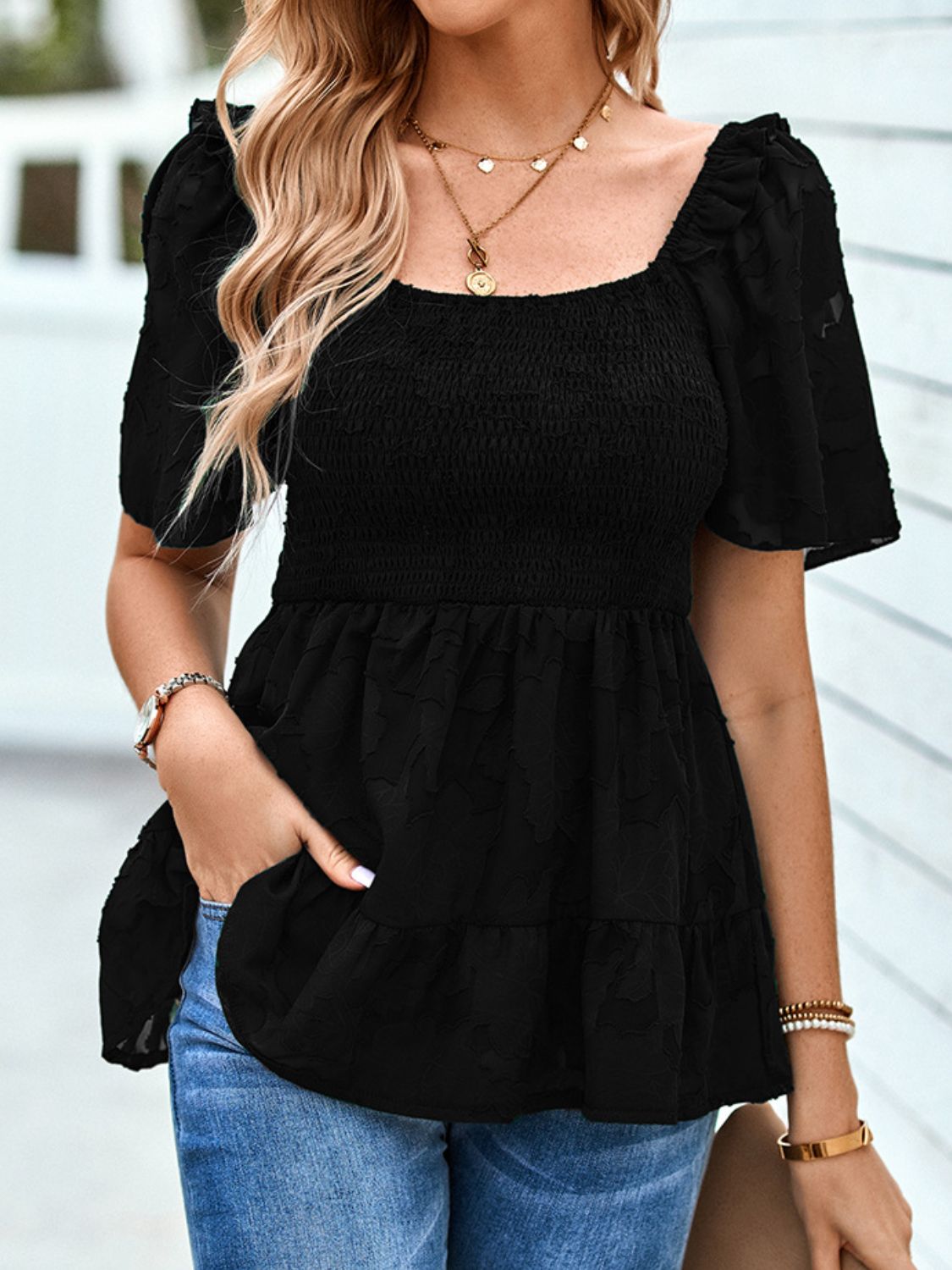 Smocked Square Neck Babydoll Blouse - Fashion Girl Online Store