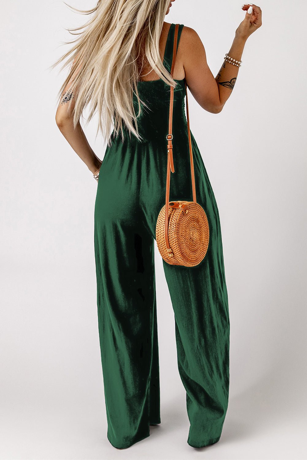 Smocked Square Neck Wide Leg Jumpsuit with Pockets - Fashion Girl Online Store
