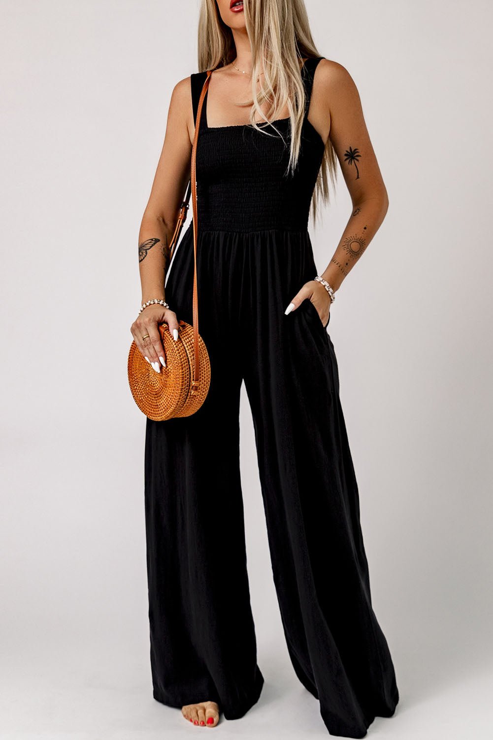 Smocked Square Neck Wide Leg Jumpsuit with Pockets - Fashion Girl Online Store
