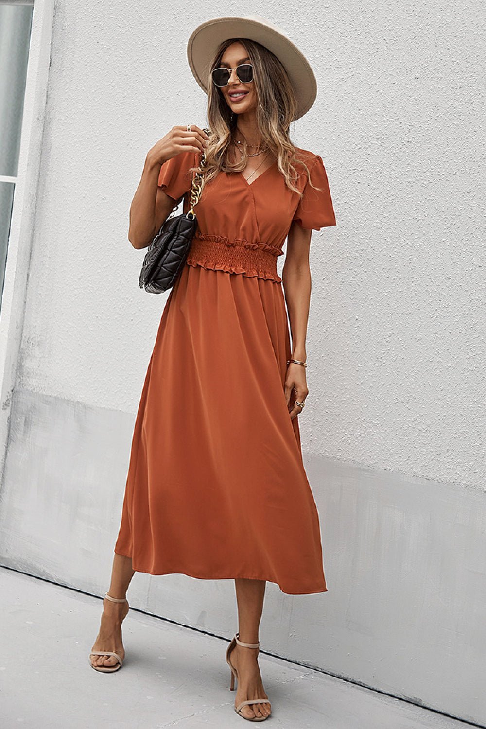 Smocked Waist Surplice Midi Dress -Orange - Fashion Girl Online Store