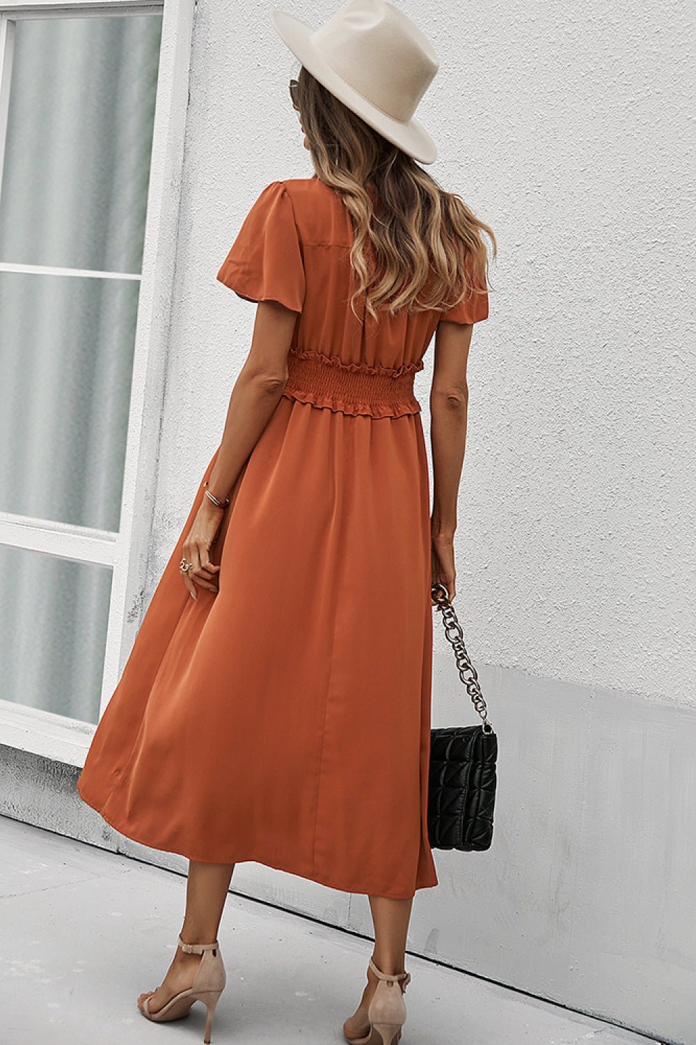 Smocked Waist Surplice Midi Dress -Orange - Fashion Girl Online Store
