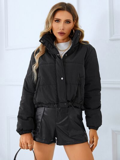 Snap and Zip Closure Drawstring Cropped Winter Coat - Fashion Girl Online Store