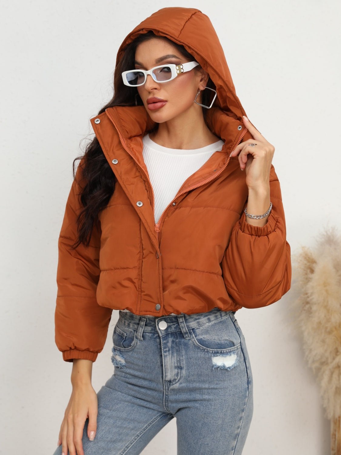 Snap and Zip Closure Hooded Puffer Jacket - Fashion Girl Online Store