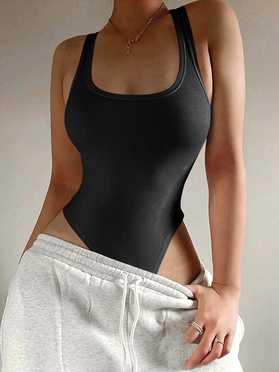 Square Neck Open Back Ribbed Sleeveless Bodysuit - Fashion Girl Online Store