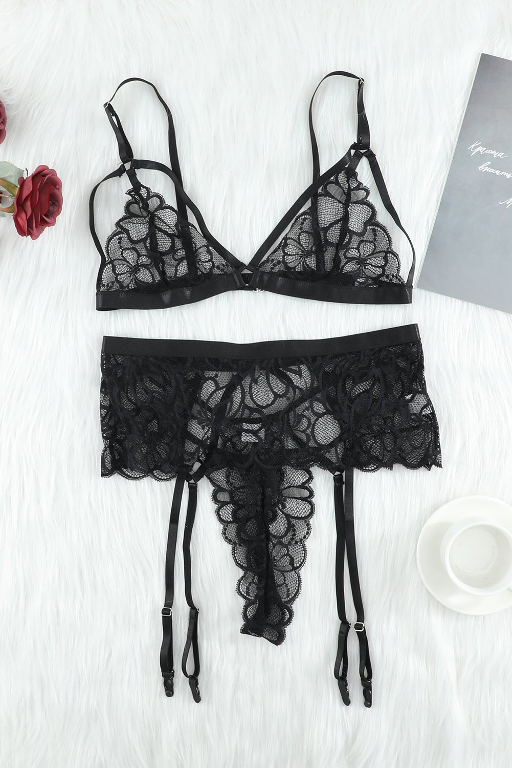 Strappy Three-Piece Lace Lingerie Set - Fashion Girl Online Store