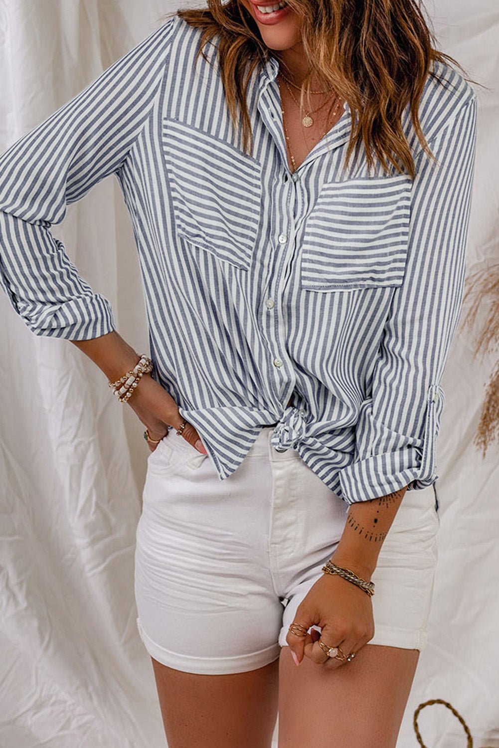 Striped Button-Up Roll-Tab Sleeve Shirt - Fashion Girl Online Store