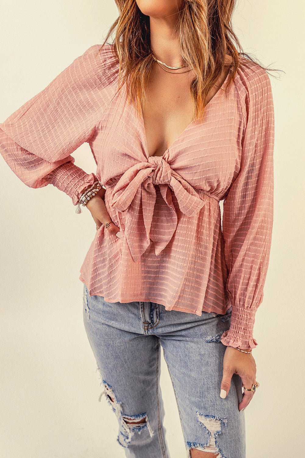 Striped Deep V Bow Detail Babydoll Top - Fashion Girl Online Store