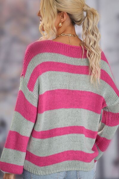 Striped Dropped Shoulder Long Sleeve Sweater - Fashion Girl Online Store