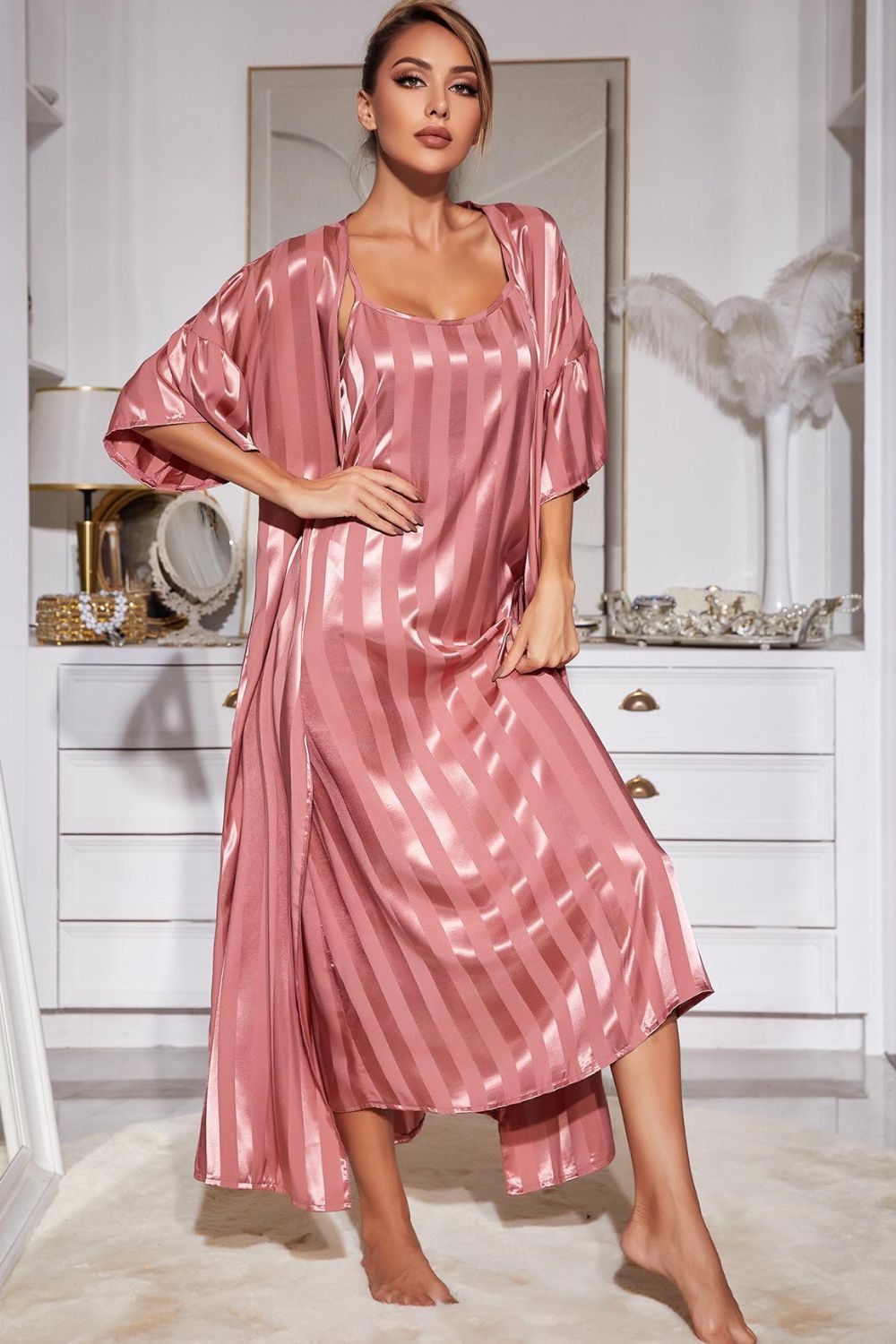 Striped Flounce Sleeve Open Front Robe and Cami Dress Set - Fashion Girl Online Store