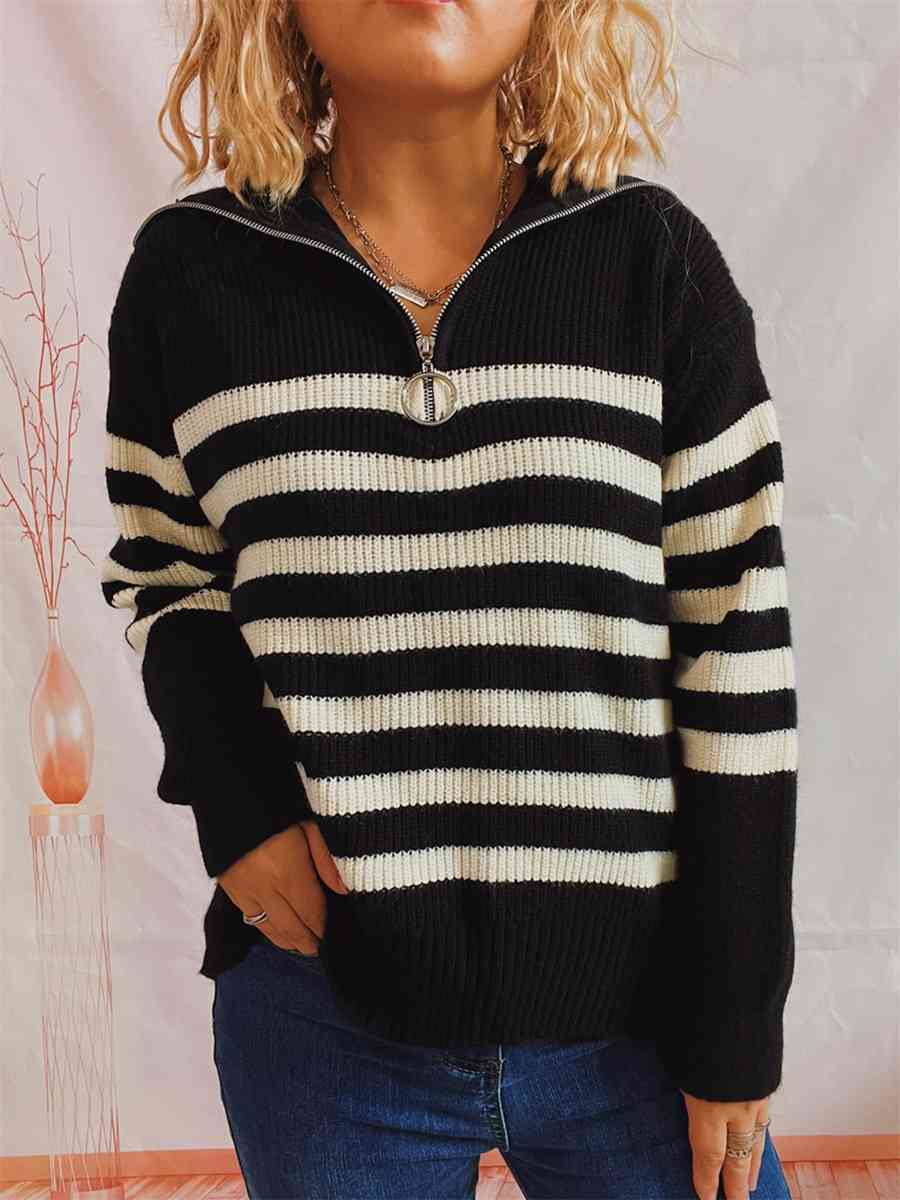 Striped Half Zip Collared Sweater - Fashion Girl Online Store