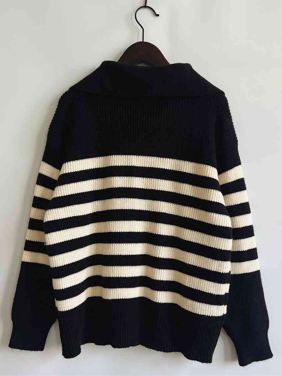 Striped Half Zip Collared Sweater - Fashion Girl Online Store