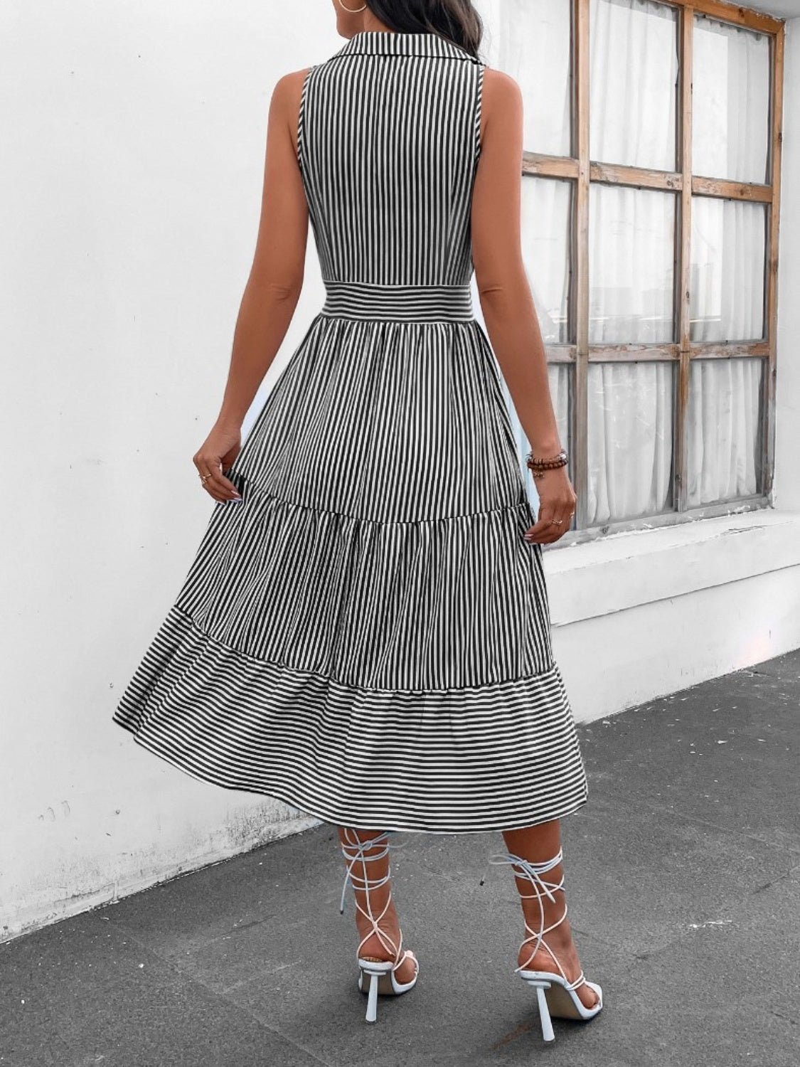 Striped Johnny Collar Sleeveless Midi Dress - Fashion Girl Online Store